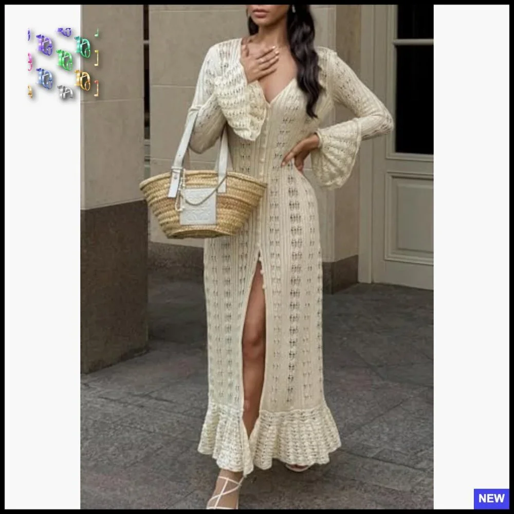 Crochet Hollow Out Maxi Cardigan Boho Oversized Button Down Sweater Dress
